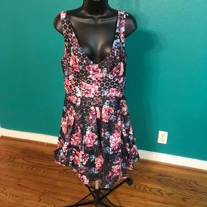 Betsey Johnson Black Floral Fit-and-Flare Dress with Pink & Blue Flowers